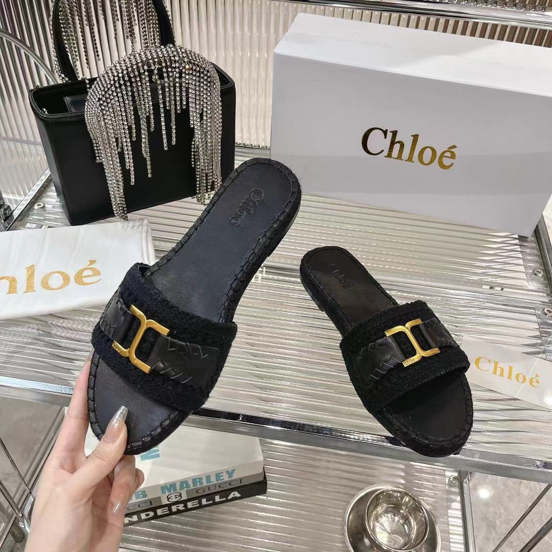 CHLOE WOVEN SLIPPER IN BLACK WOOL AND LAMBSKIN GOLD HARDWARE