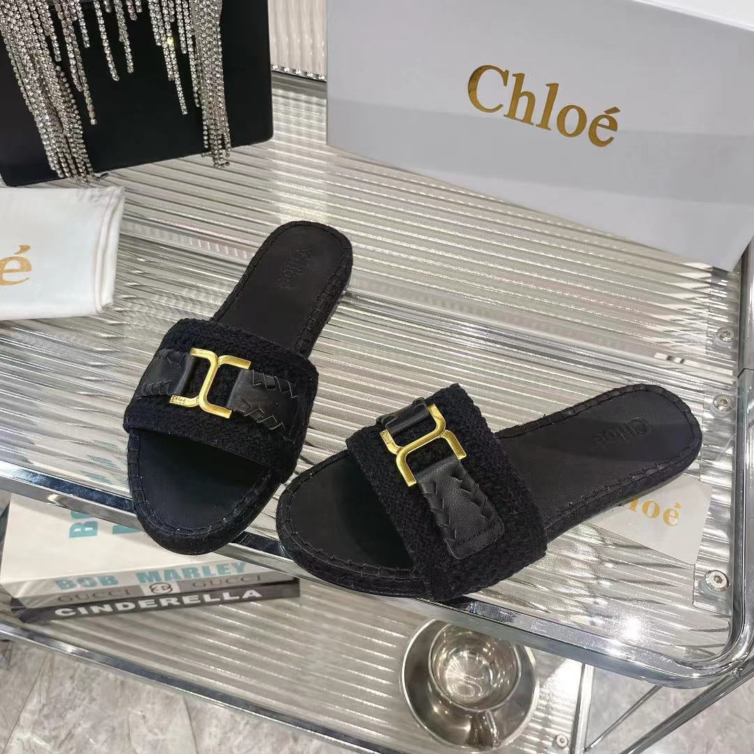 CHLOE WOVEN SLIPPER IN BLACK WOOL AND LAMBSKIN GOLD HARDWARE