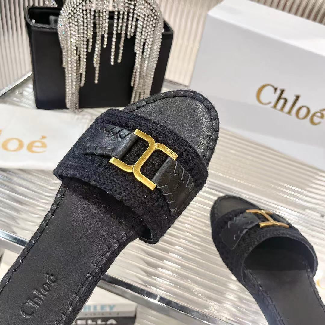 CHLOE WOVEN SLIPPER IN BLACK WOOL AND LAMBSKIN GOLD HARDWARE