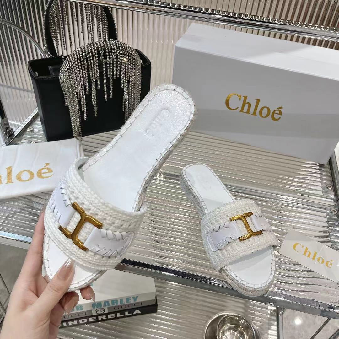 CHLOE WOVEN SLIPPER IN WHITE WOOL AND LAMBSKIN GOLD HARDWARE