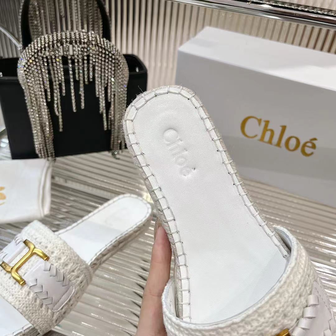 CHLOE WOVEN SLIPPER IN WHITE WOOL AND LAMBSKIN GOLD HARDWARE