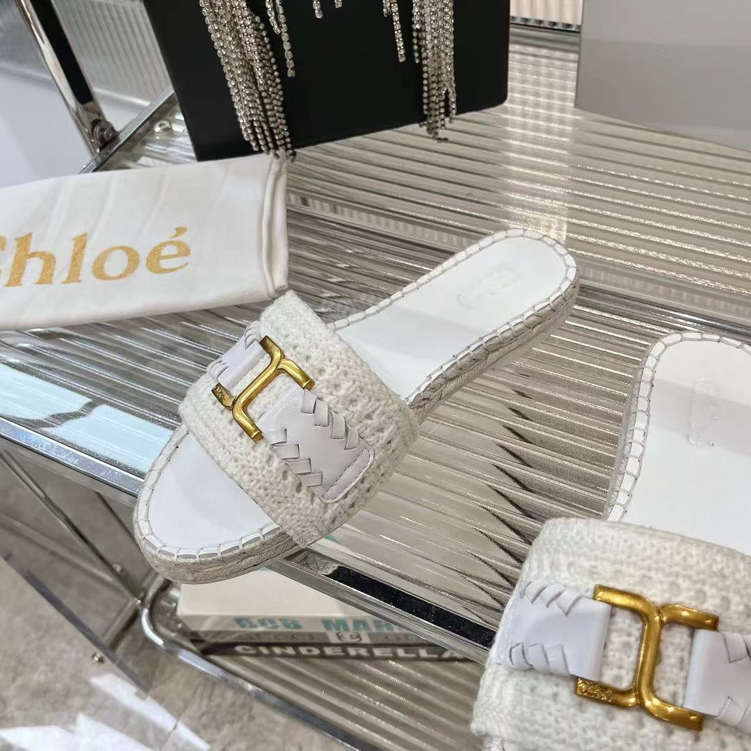 CHLOE WOVEN SLIPPER IN WHITE WOOL AND LAMBSKIN GOLD HARDWARE