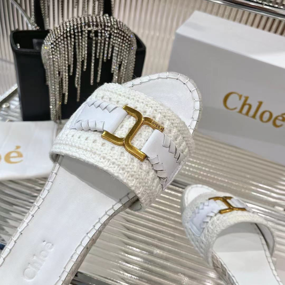 CHLOE WOVEN SLIPPER IN WHITE WOOL AND LAMBSKIN GOLD HARDWARE