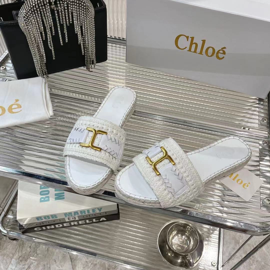 CHLOE WOVEN SLIPPER IN WHITE WOOL AND LAMBSKIN GOLD HARDWARE