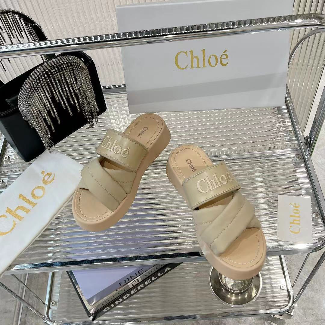 CHLOE MILA FLAT SLIDES 5 CM IN BEIGE EICRU CALFSKIN AND RE-NYLON