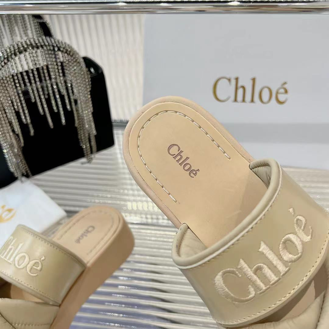 CHLOE MILA FLAT SLIDES 5 CM IN BEIGE EICRU CALFSKIN AND RE-NYLON