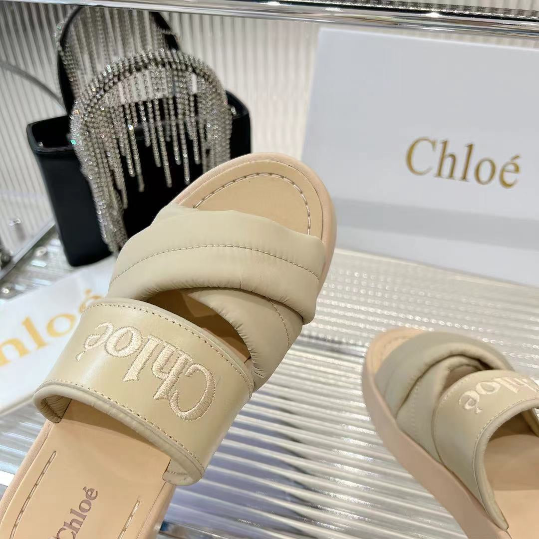 CHLOE MILA FLAT SLIDES 5 CM IN BEIGE EICRU CALFSKIN AND RE-NYLON