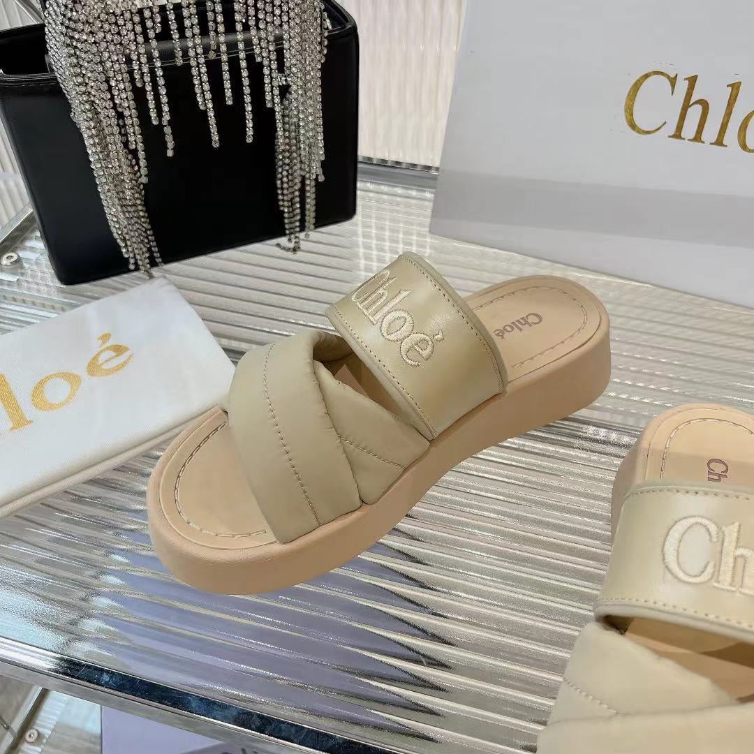CHLOE MILA FLAT SLIDES 5 CM IN BEIGE EICRU CALFSKIN AND RE-NYLON