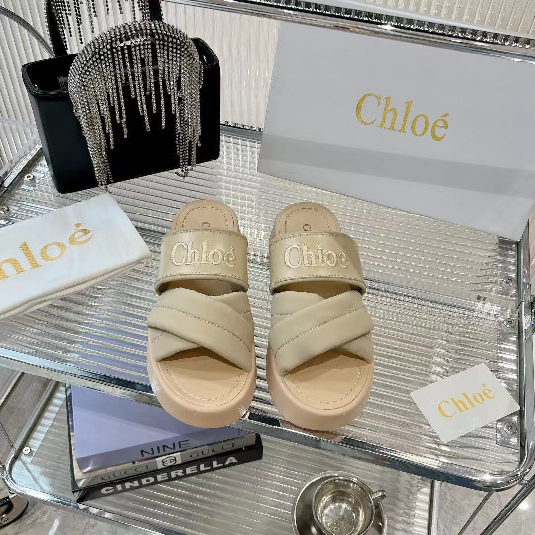 CHLOE MILA FLAT SLIDES 5 CM IN BEIGE EICRU CALFSKIN AND RE-NYLON