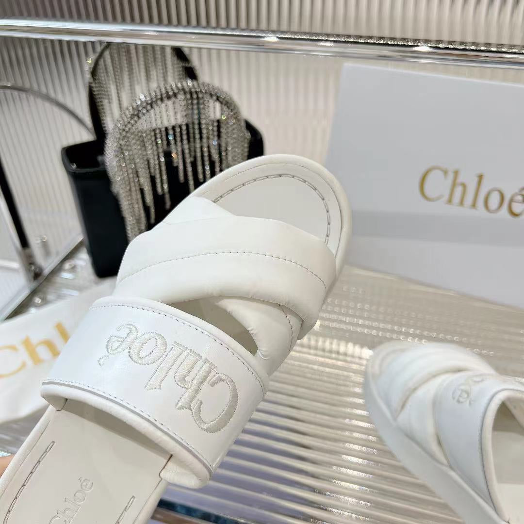 CHLOE MILA FLAT SLIDES 5 CM IN WHITE CALFSKIN AND RE-NYLON