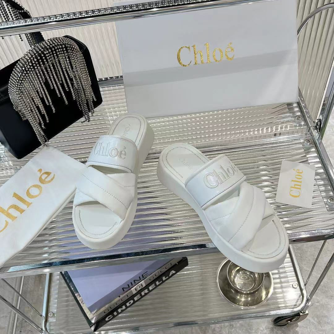 CHLOE MILA FLAT SLIDES 5 CM IN WHITE CALFSKIN AND RE-NYLON