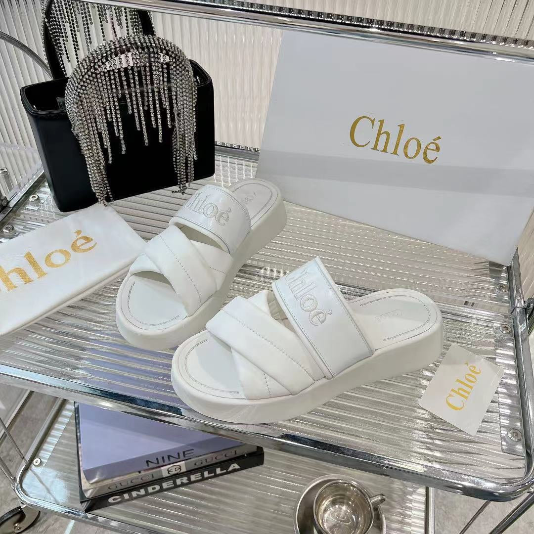 CHLOE MILA FLAT SLIDES 5 CM IN WHITE CALFSKIN AND RE-NYLON