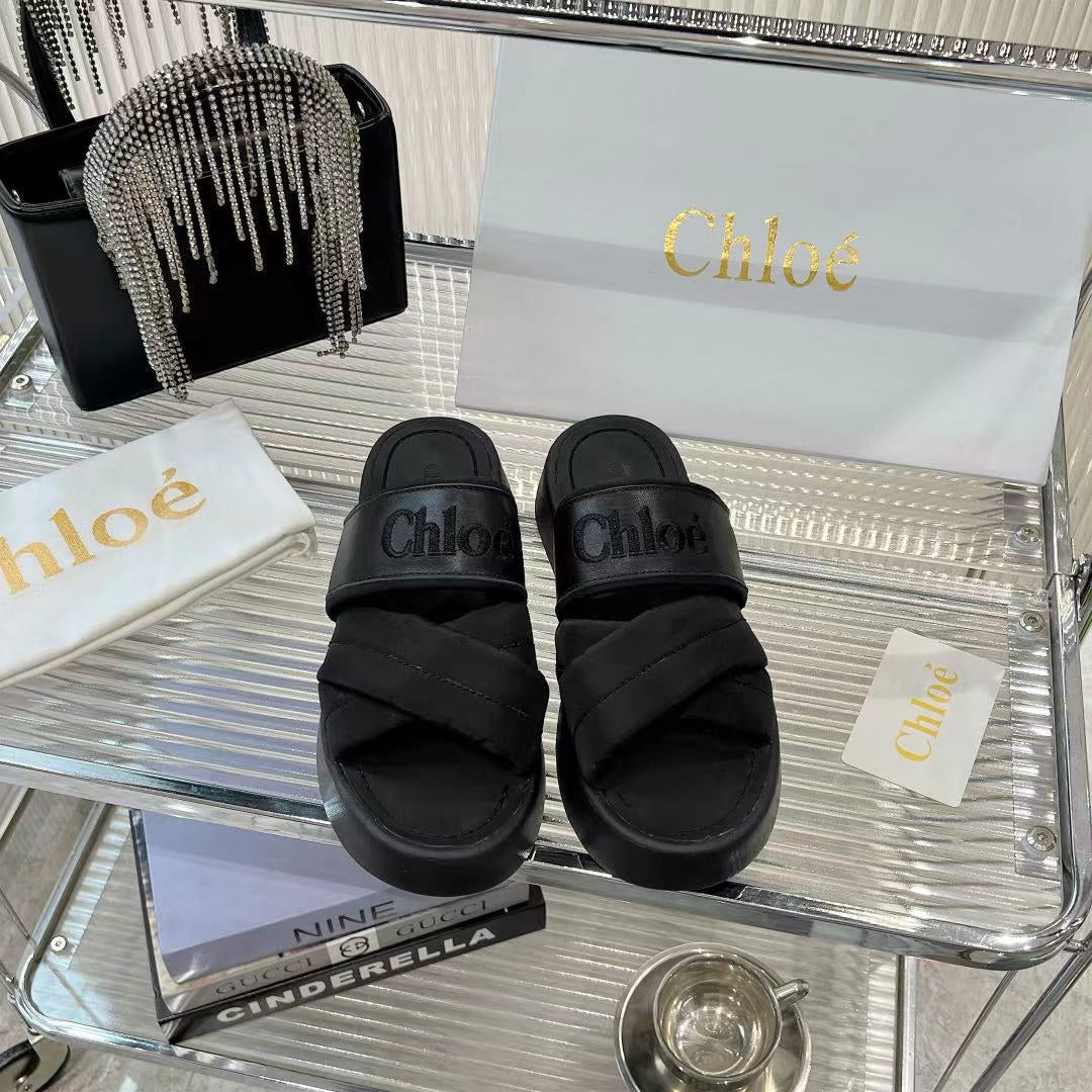 CHLOE MILA FLAT SLIDES 5 CM IN BLACK CALFSKIN AND RE-NYLON