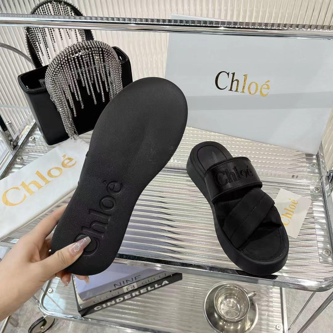 CHLOE MILA FLAT SLIDES 5 CM IN BLACK CALFSKIN AND RE-NYLON