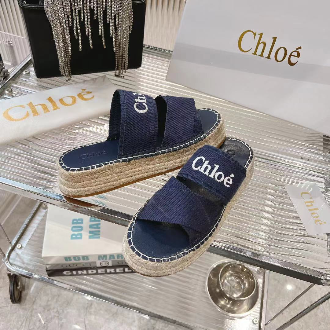 CHLOE MILA PLATFORM 5 CM IN NAVY BLUE FABRIC AND BEIGE RAFFIA