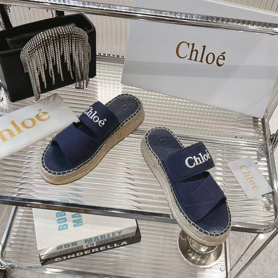 CHLOE MILA PLATFORM 5 CM IN NAVY BLUE FABRIC AND BEIGE RAFFIA