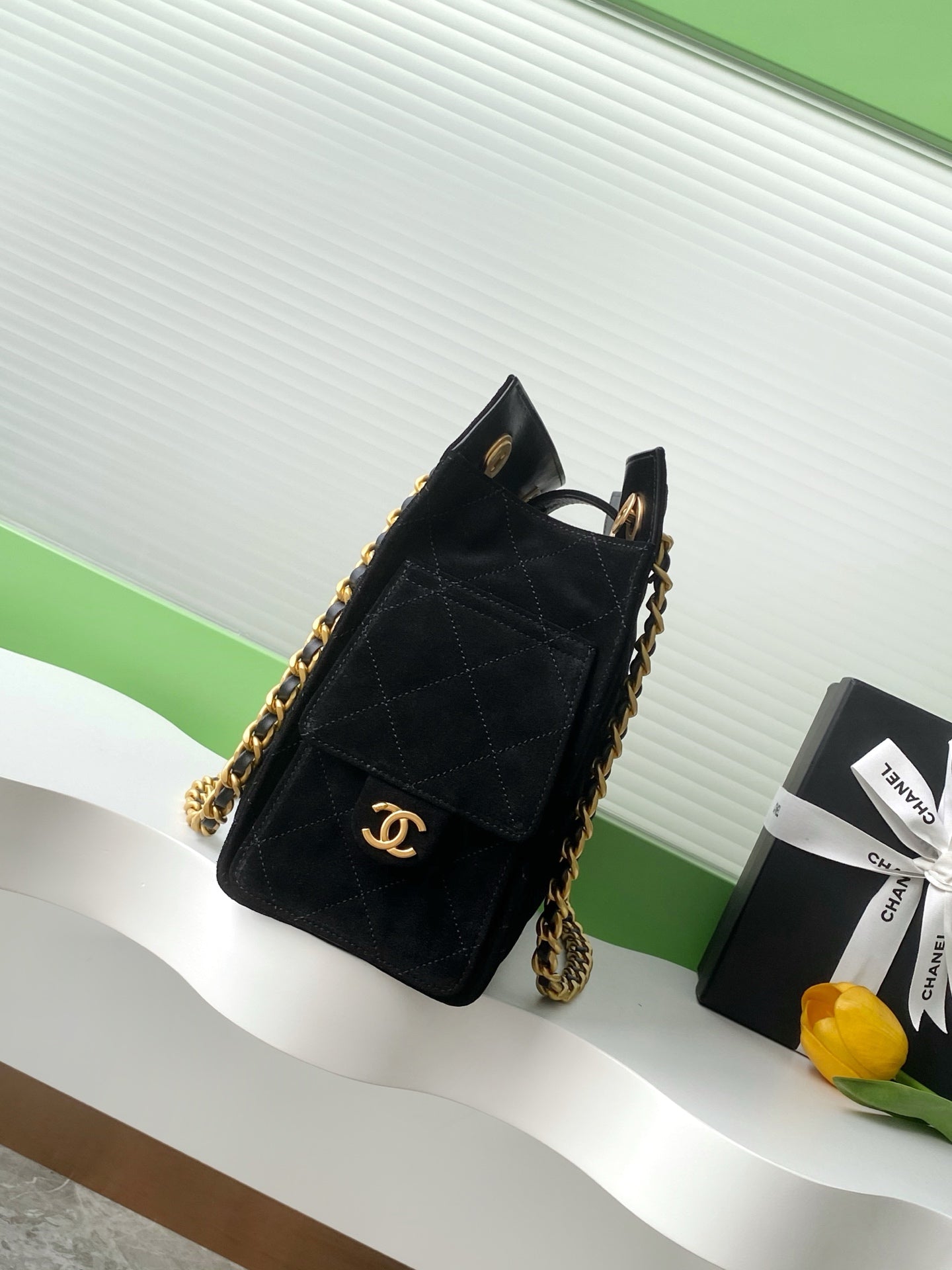 CC 25C Hobo Bag 31cm Black Matelasse Suede