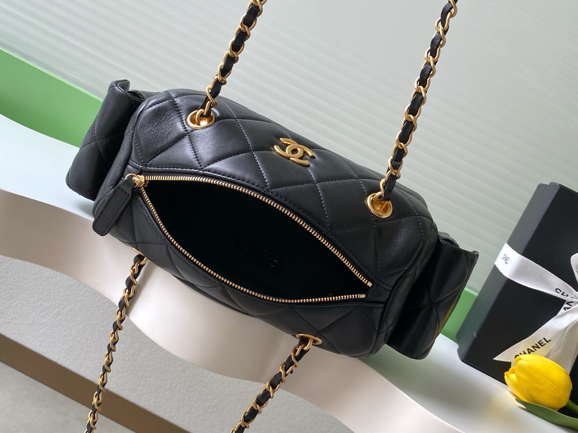 Chanel 25K Bowling Bag Black Gold Sheepskin 294981