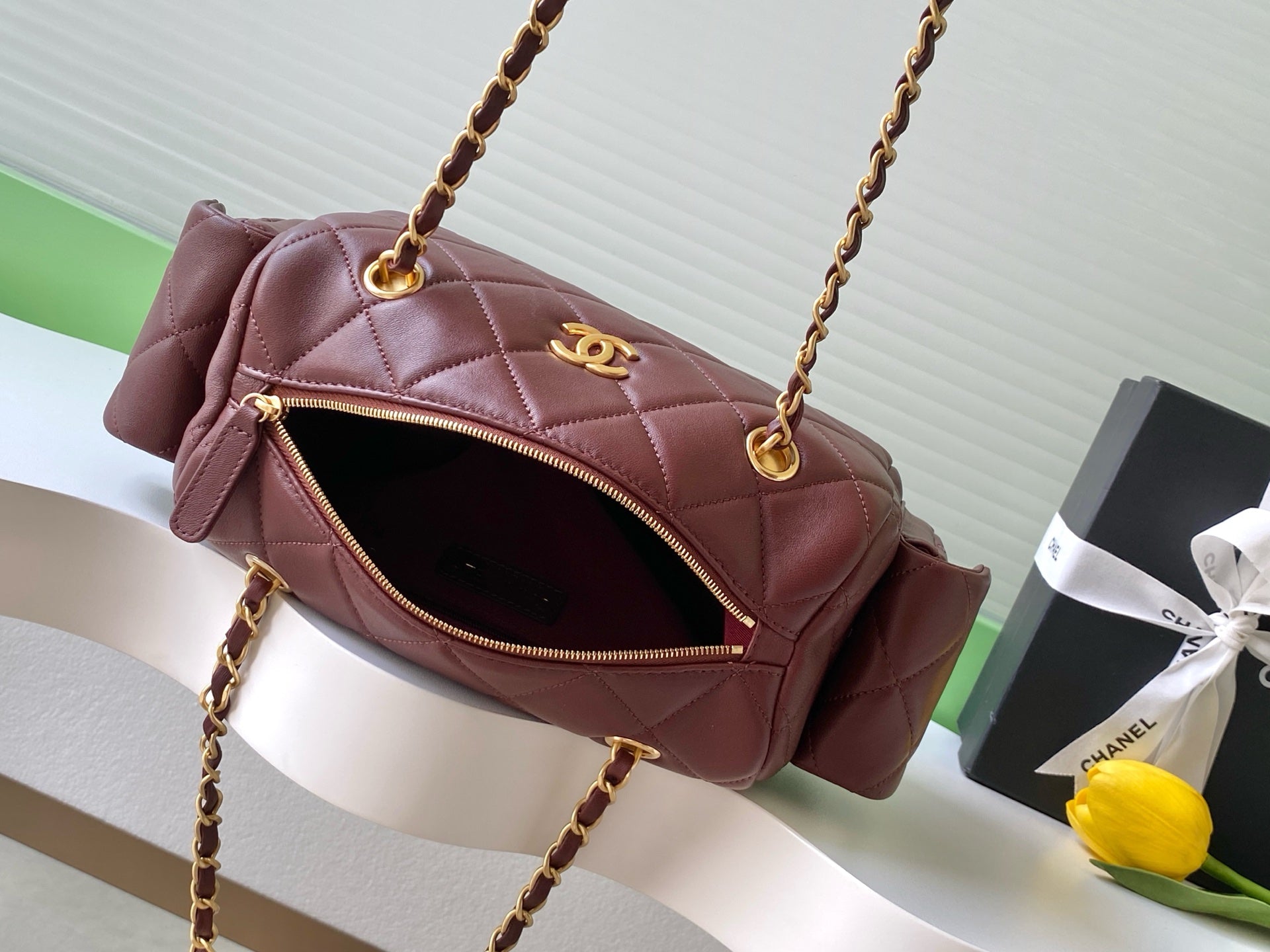 Chanel 25K Bowling Bag Burgundy Gold Sheepskin 294980