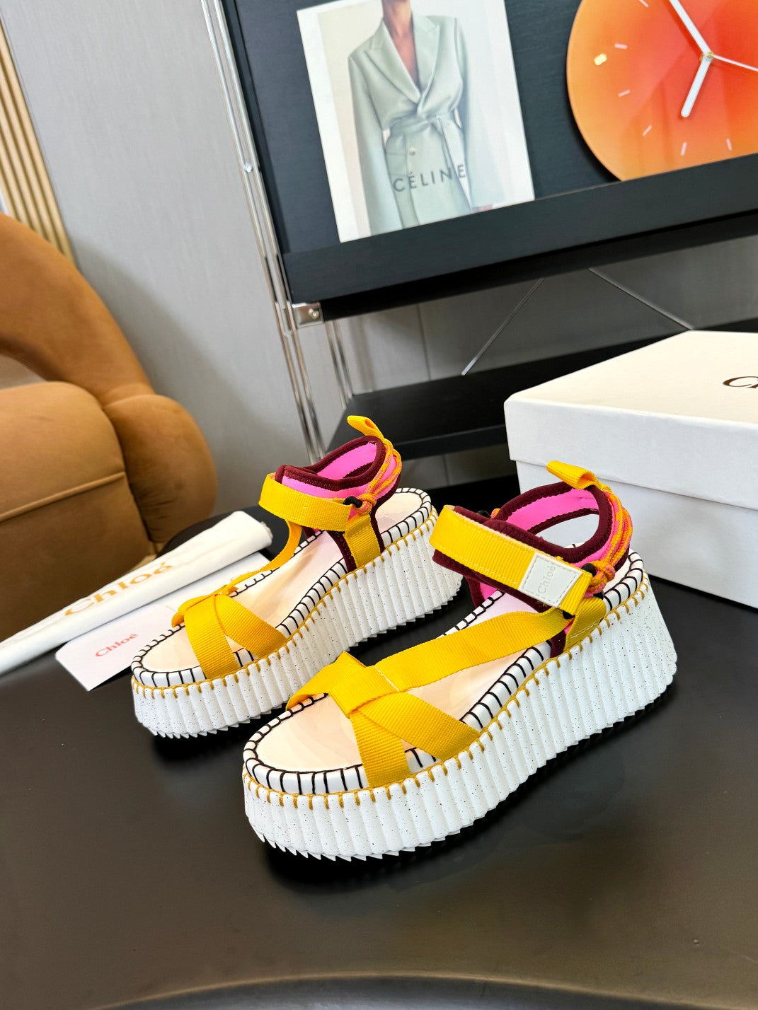 CHLOE NAMA WEDGE SANDALS IN BRIGHT YELLOW FABRIC AND WHITE RUBBER