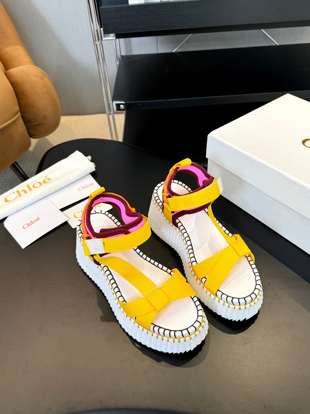 CHLOE NAMA WEDGE SANDALS IN BRIGHT YELLOW FABRIC AND WHITE RUBBER