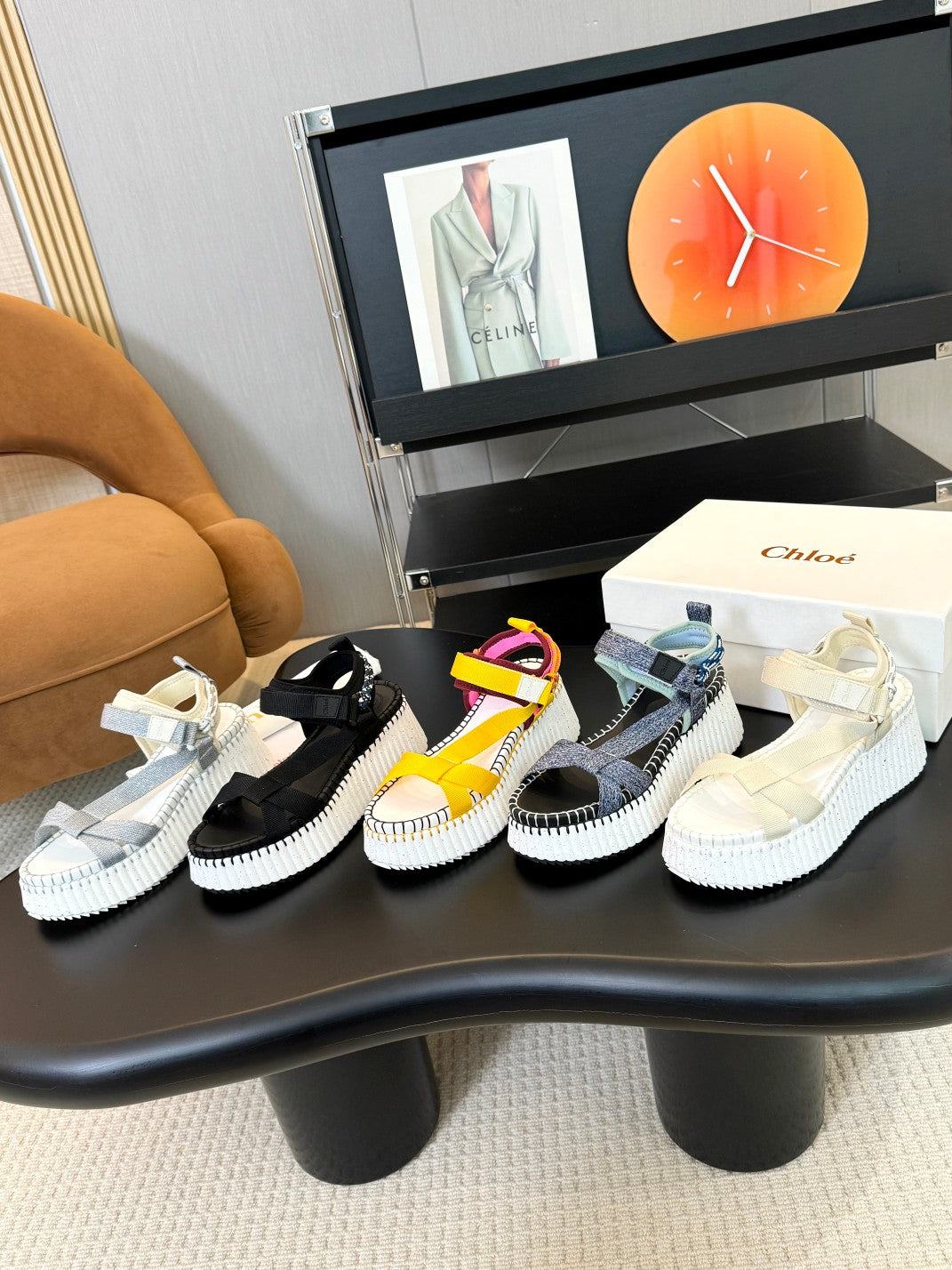 CHLOE NAMA WEDGE SANDALS IN GREY FABRIC AND WHITE RUBBER