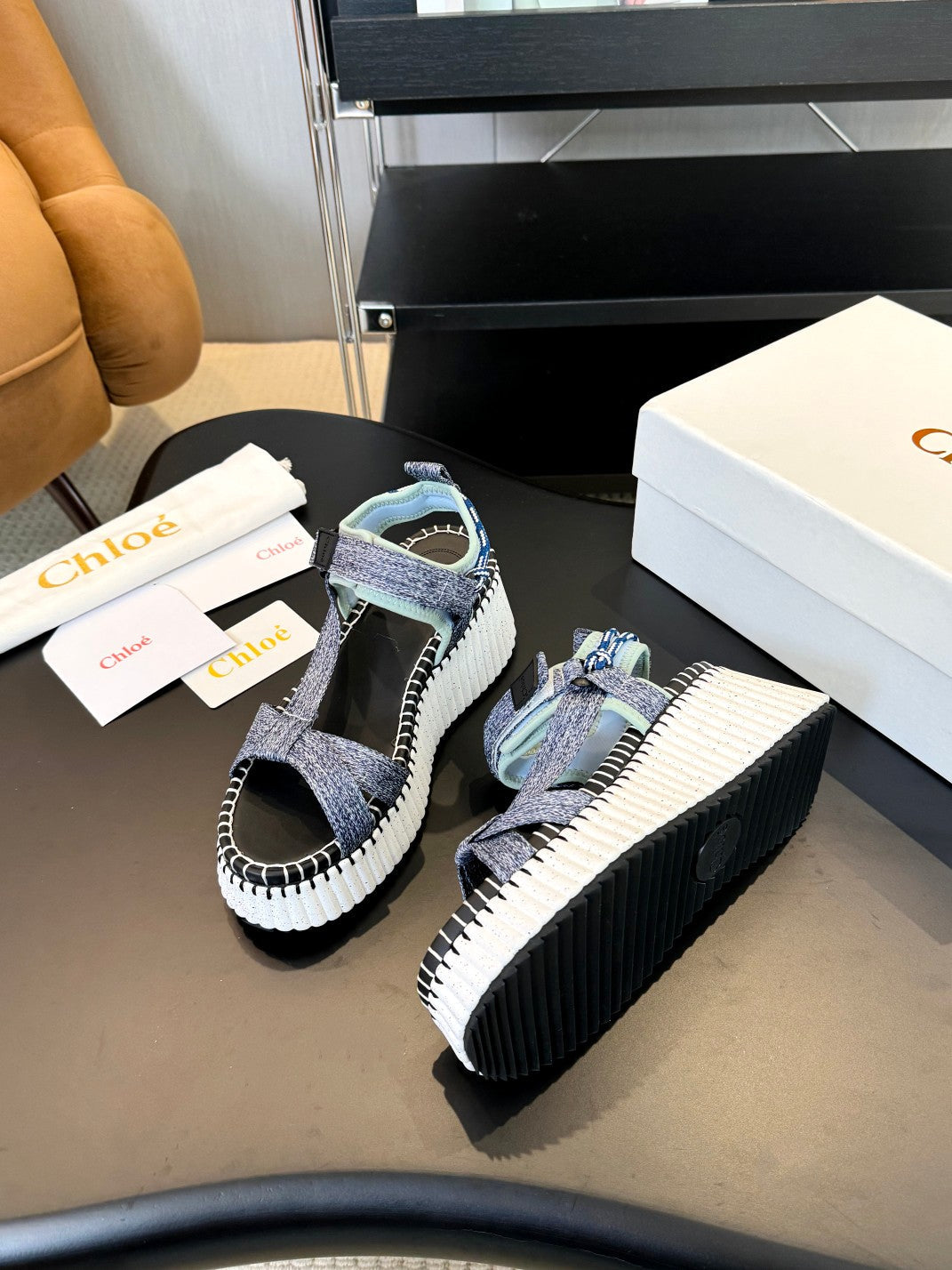 CHLOE NAMA WEDGE SANDALS IN GREY FABRIC AND WHITE RUBBER