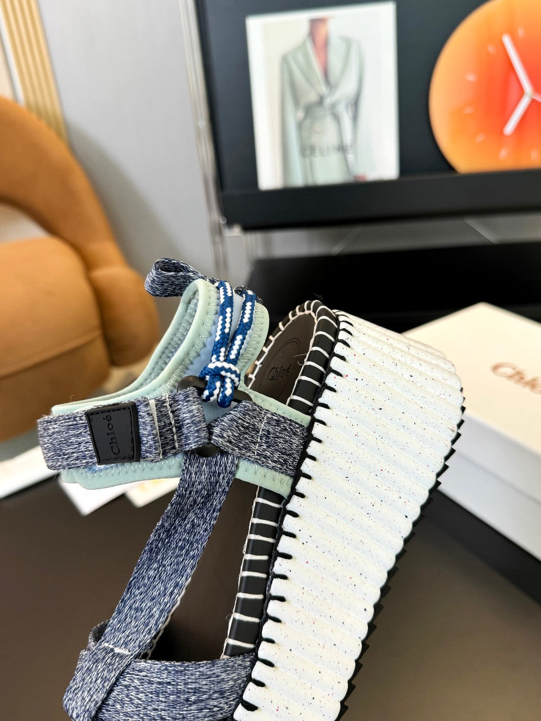 CHLOE NAMA WEDGE SANDALS IN GREY FABRIC AND WHITE RUBBER