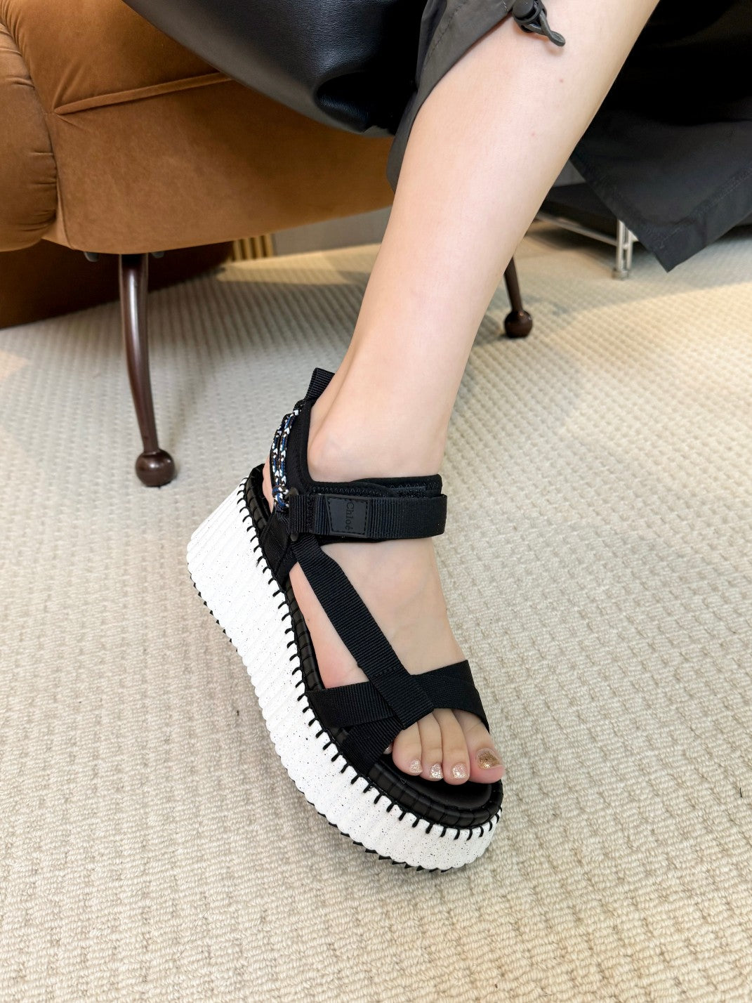 CHLOE NAMA WEDGE SANDALS IN BLACK FABRIC AND WHITE RUBBER