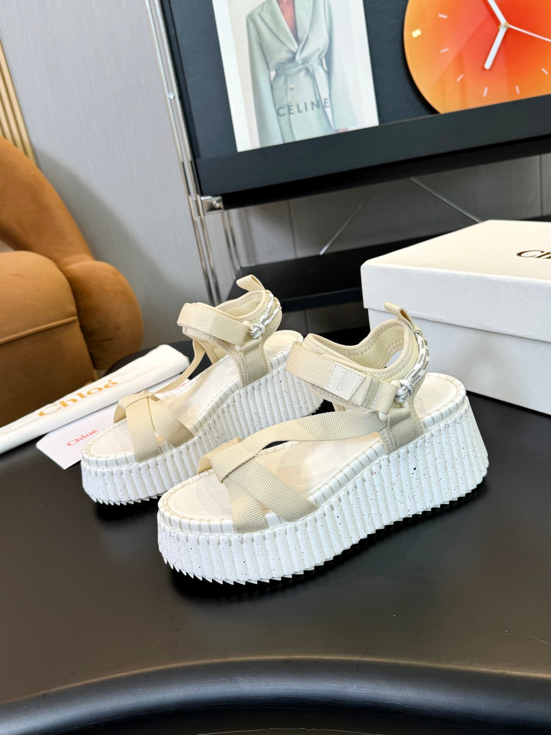 CHLOE NAMA WEDGE SANDALS IN BEIGE FABRIC AND WHITE RUBBER