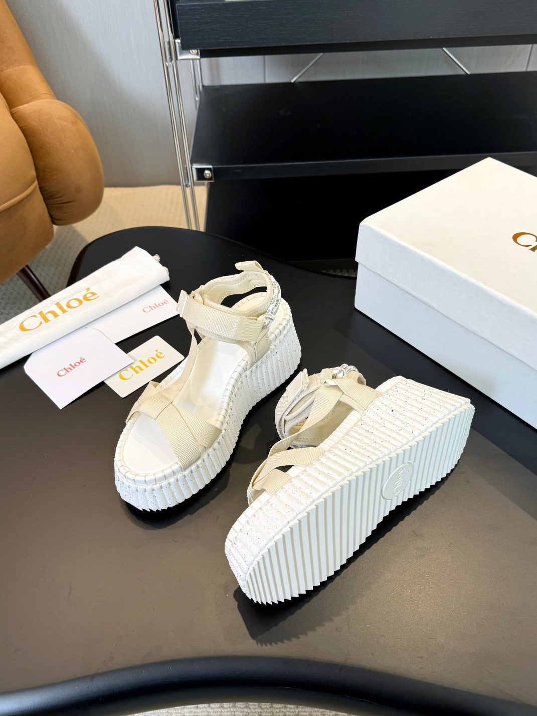 CHLOE NAMA WEDGE SANDALS IN BEIGE FABRIC AND WHITE RUBBER