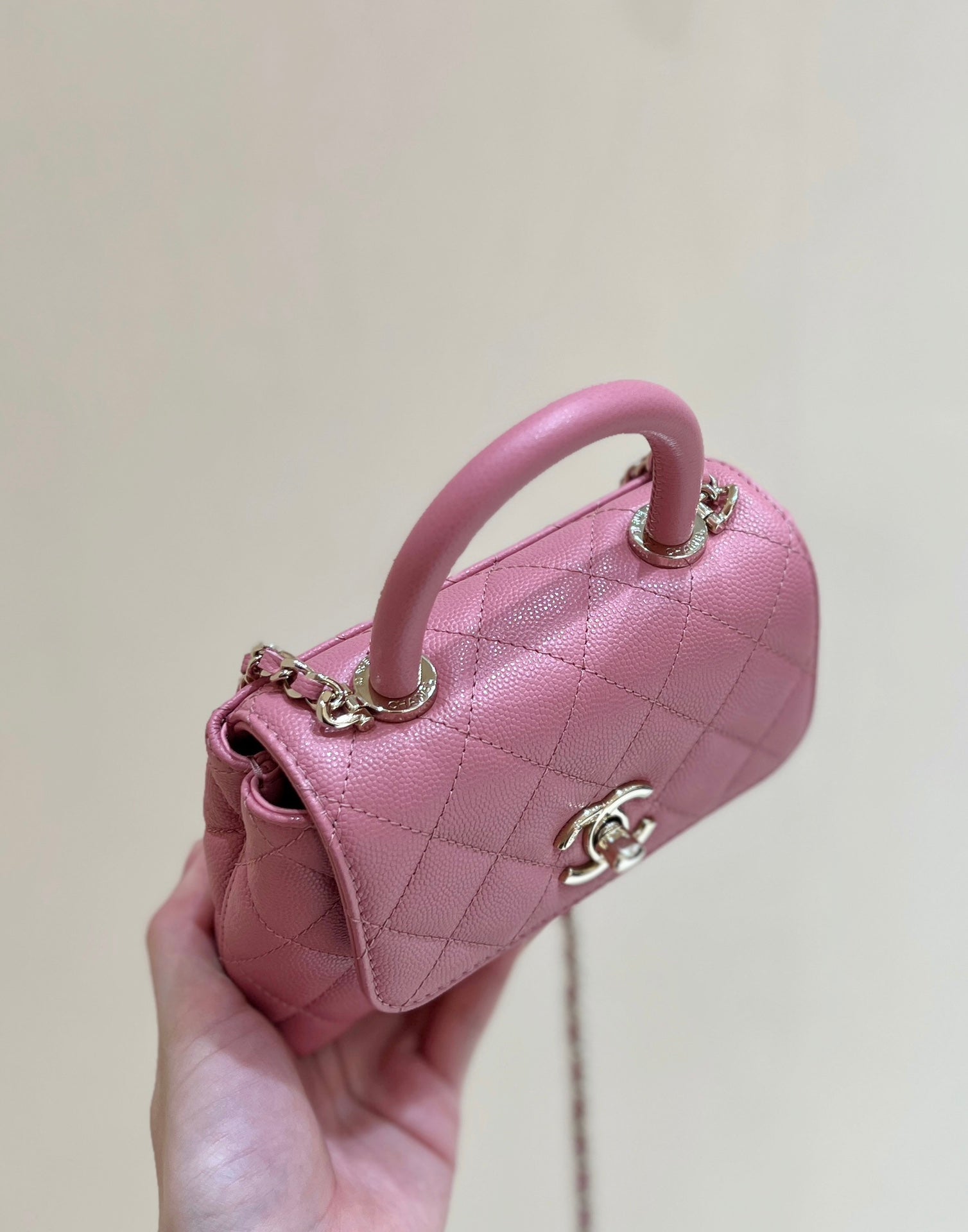 CC Super Mini Handle Bag 14.5 Pink Leather Gold Hardware