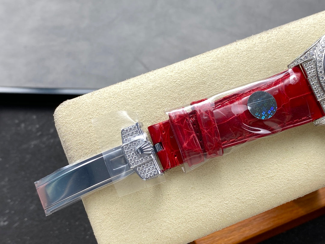 ROLEX Day-Date 36mm Diamond Red Leather Pink Dial