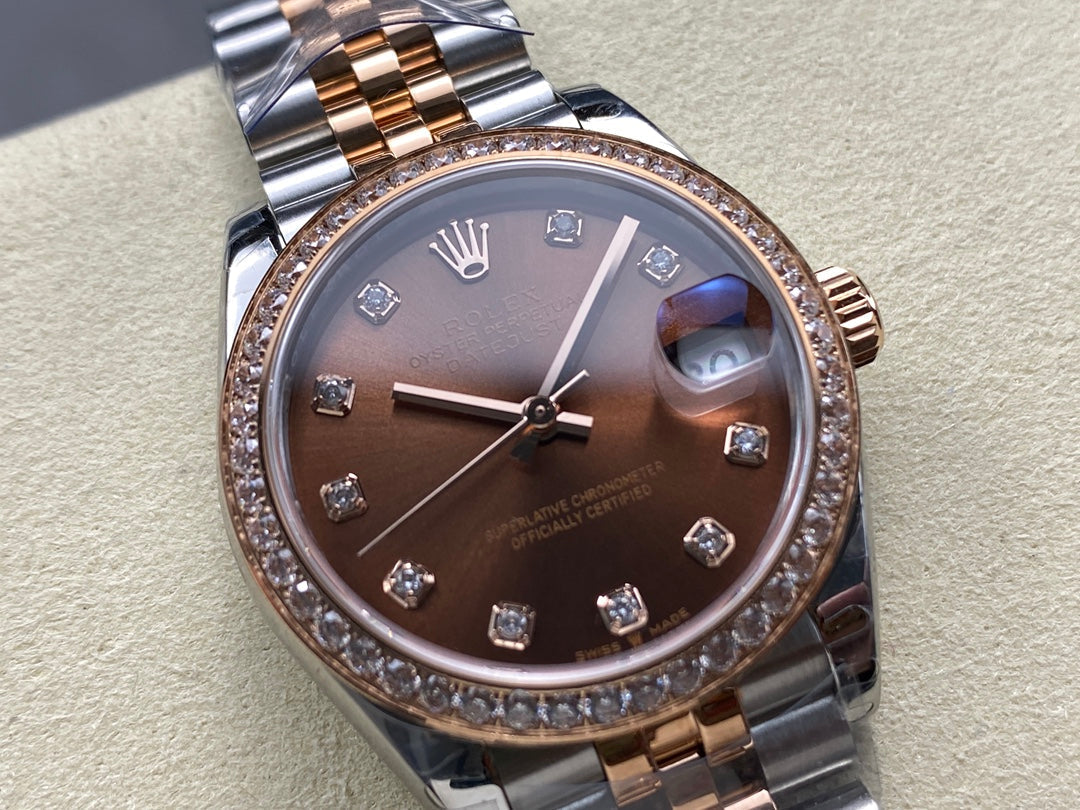 Datejust 31mm Pink Gold Steel Diamond Bezel Chocolate Dial Diamond Numerals