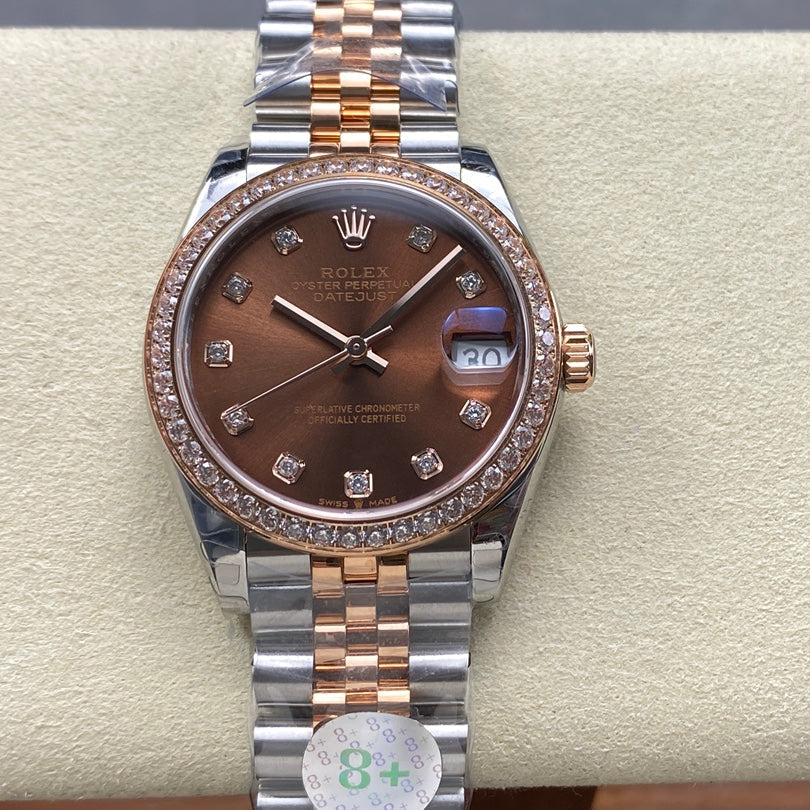 Datejust 31mm Pink Gold Steel Diamond Bezel Chocolate Dial Diamond Numerals