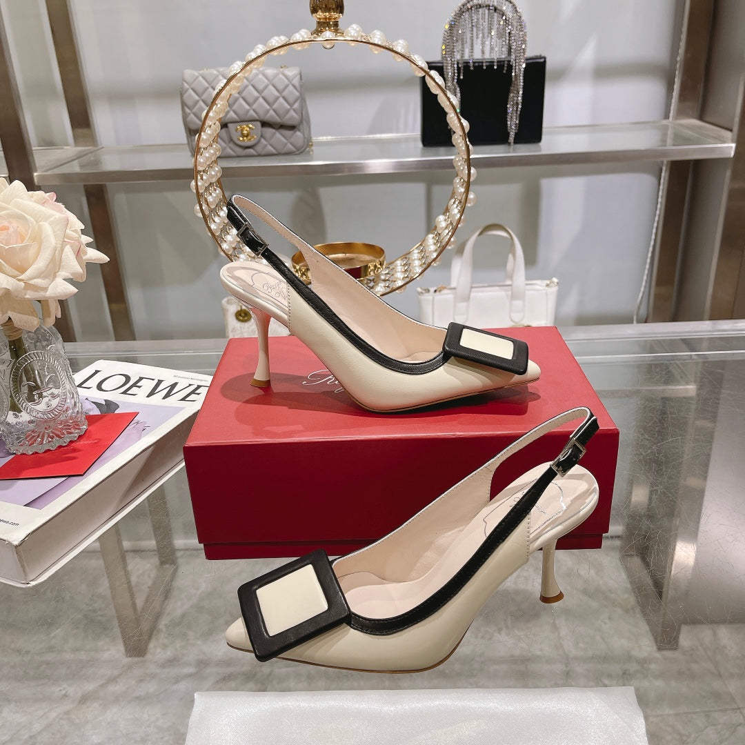 Belle Viv Metal Buckle Slingback Pumps 85 White Black Patent Leather