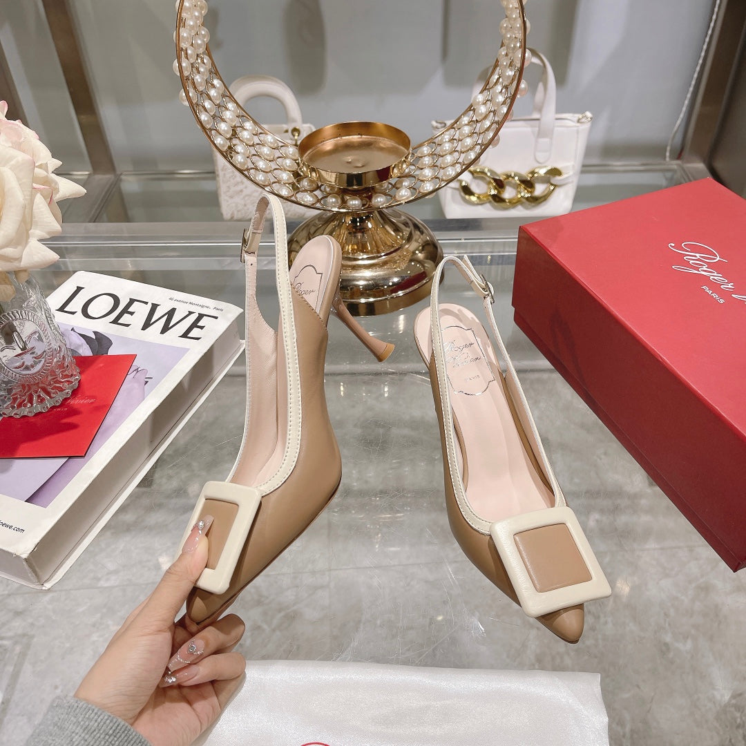 Belle Viv Metal Buckle Slingback Pumps 85 Camel Patent Leather