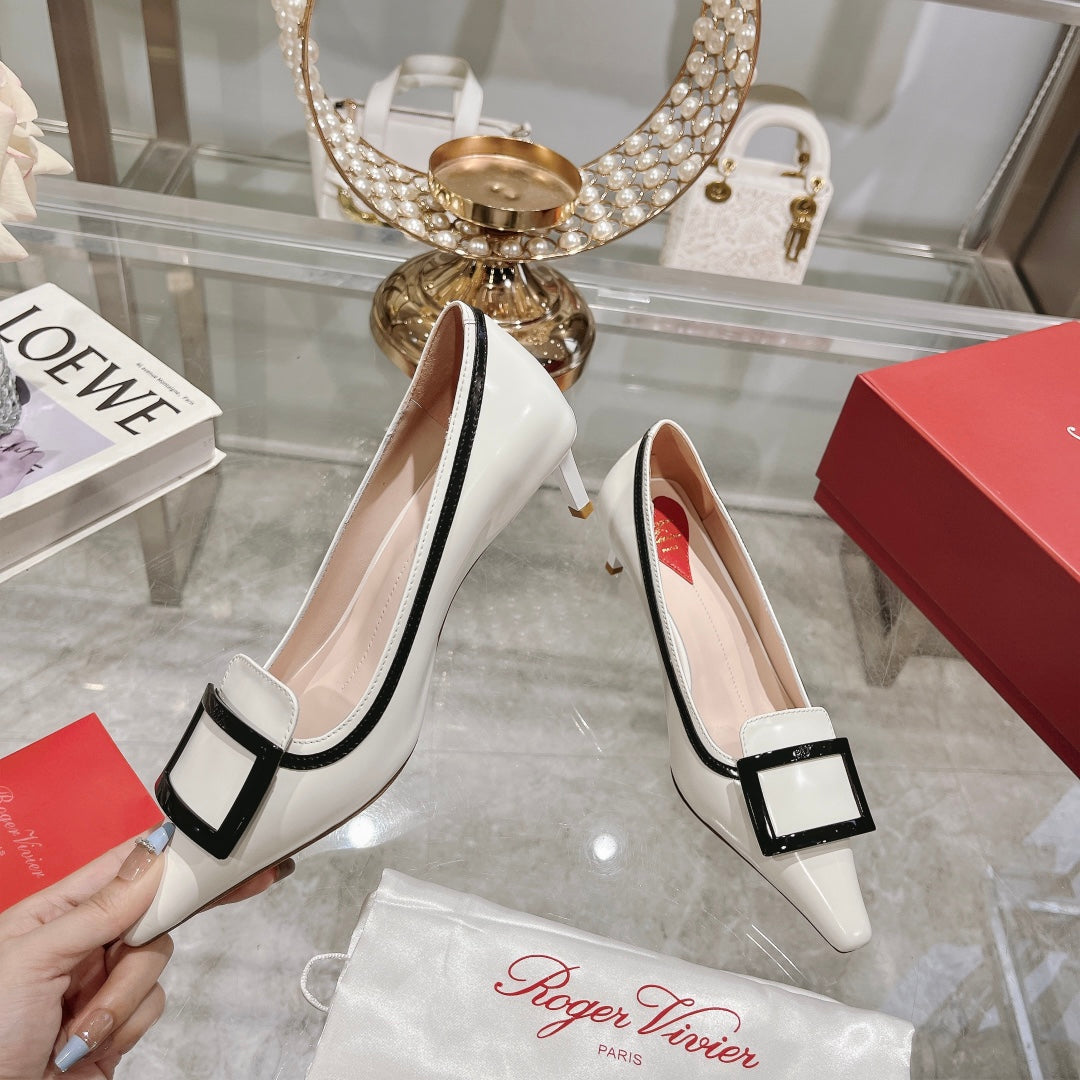 Belle Viv Metal Buckle Pumps 65 White Black Patent Leather