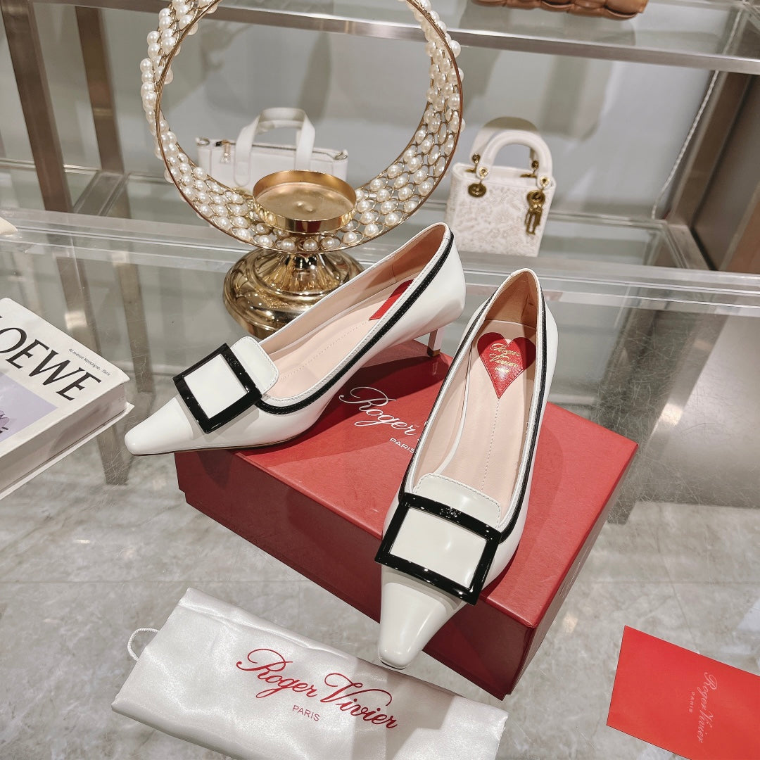 Belle Viv Metal Buckle Pumps 65 White Black Patent Leather