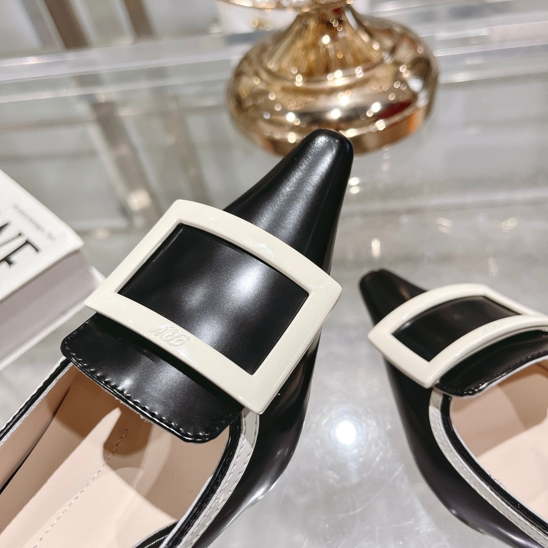 Belle Viv Metal Buckle Slingback Pumps 65 Black White Patent Leather