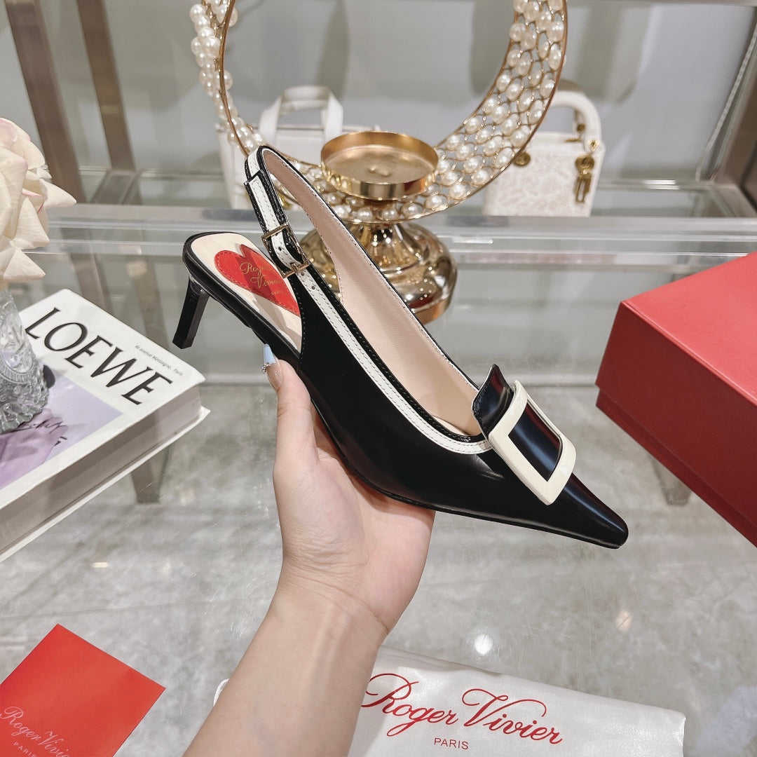 Belle Viv Metal Buckle Slingback Pumps 65 Black White Patent Leather