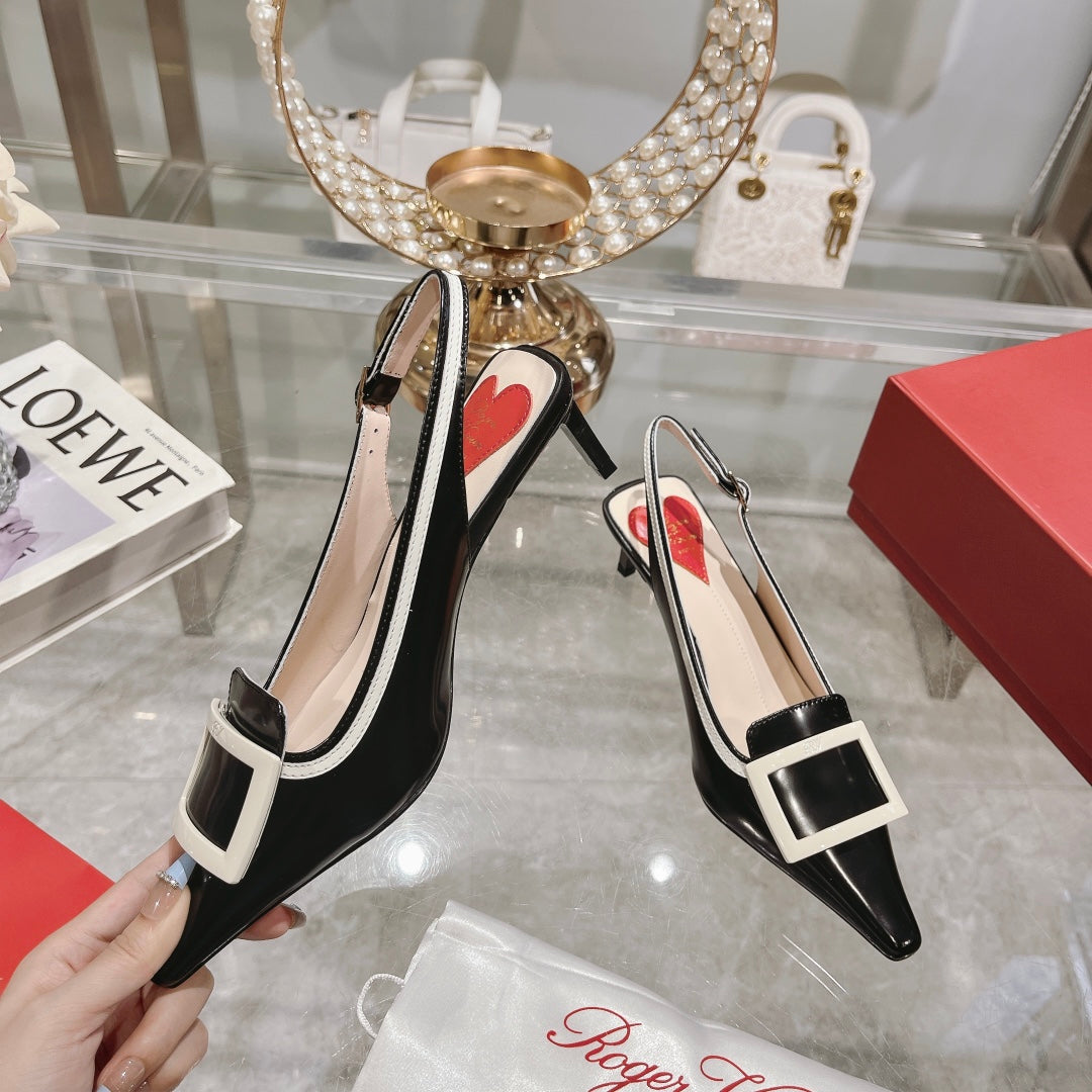 Belle Viv Metal Buckle Slingback Pumps 65 Black White Patent Leather