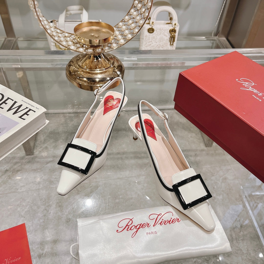 Belle Viv Metal Buckle Slingback Pumps 65 White Black Patent Leather