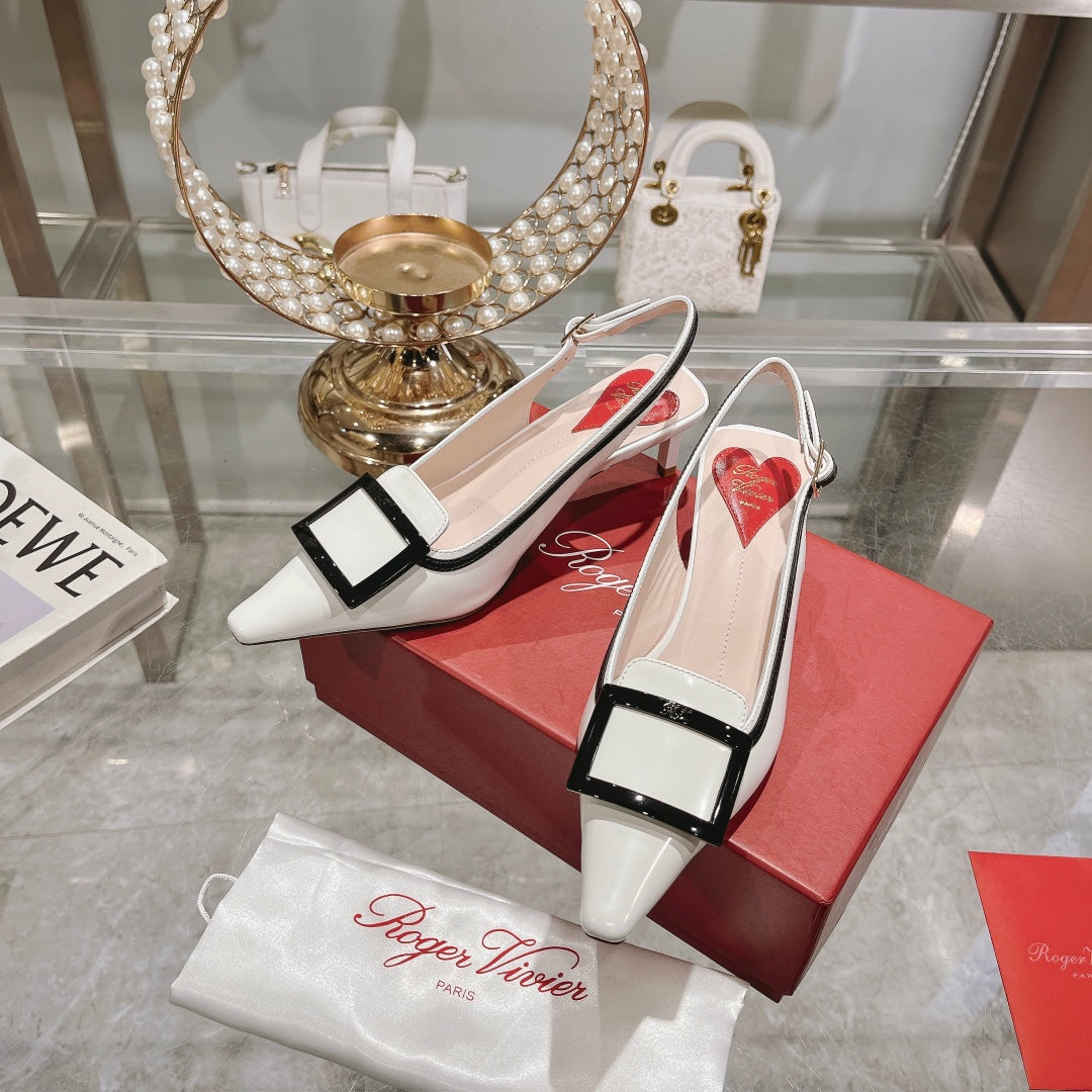 Belle Viv Metal Buckle Slingback Pumps 65 White Black Patent Leather