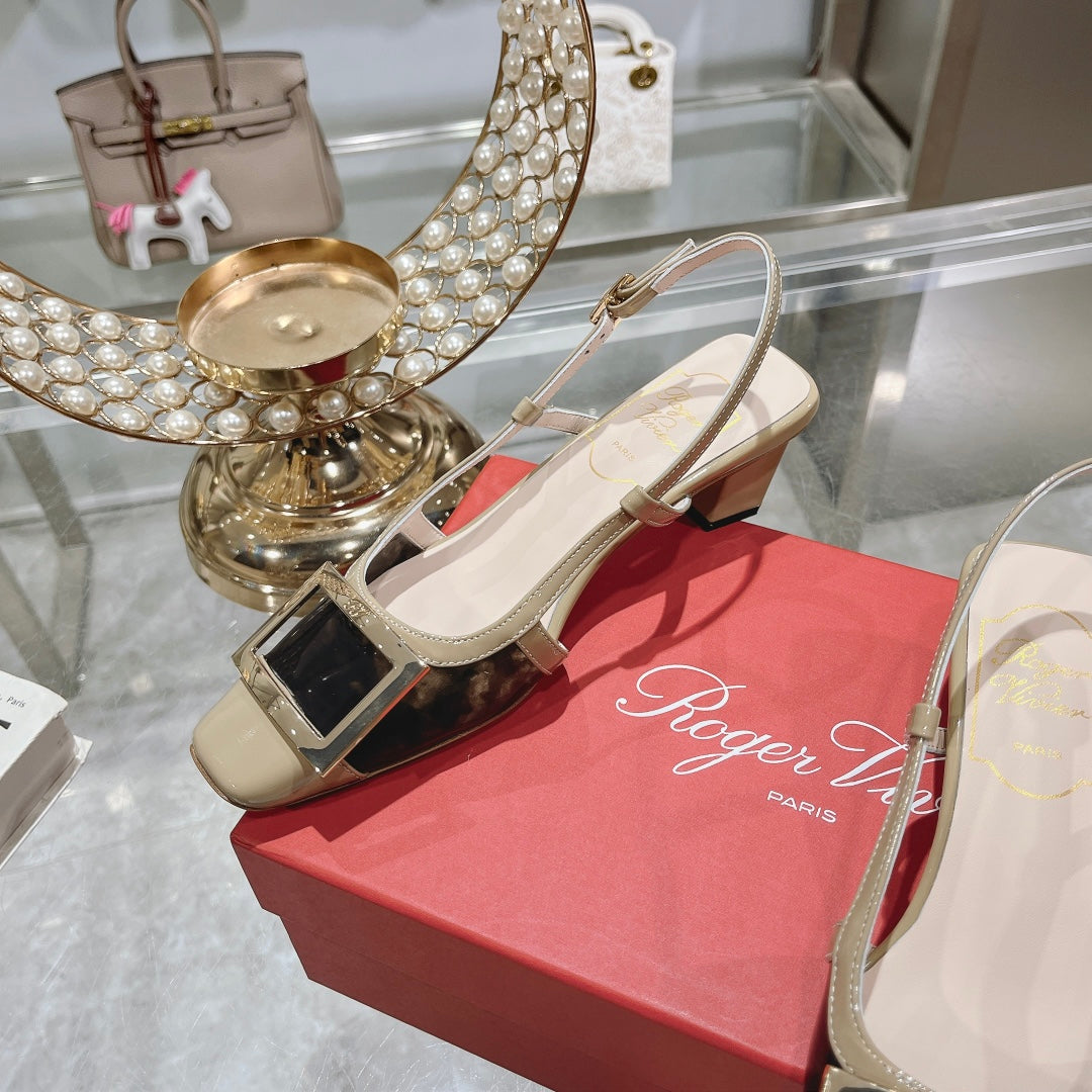 Belle Viv Metal Buckle Slingback Pumps 45 Camel Patent Leather