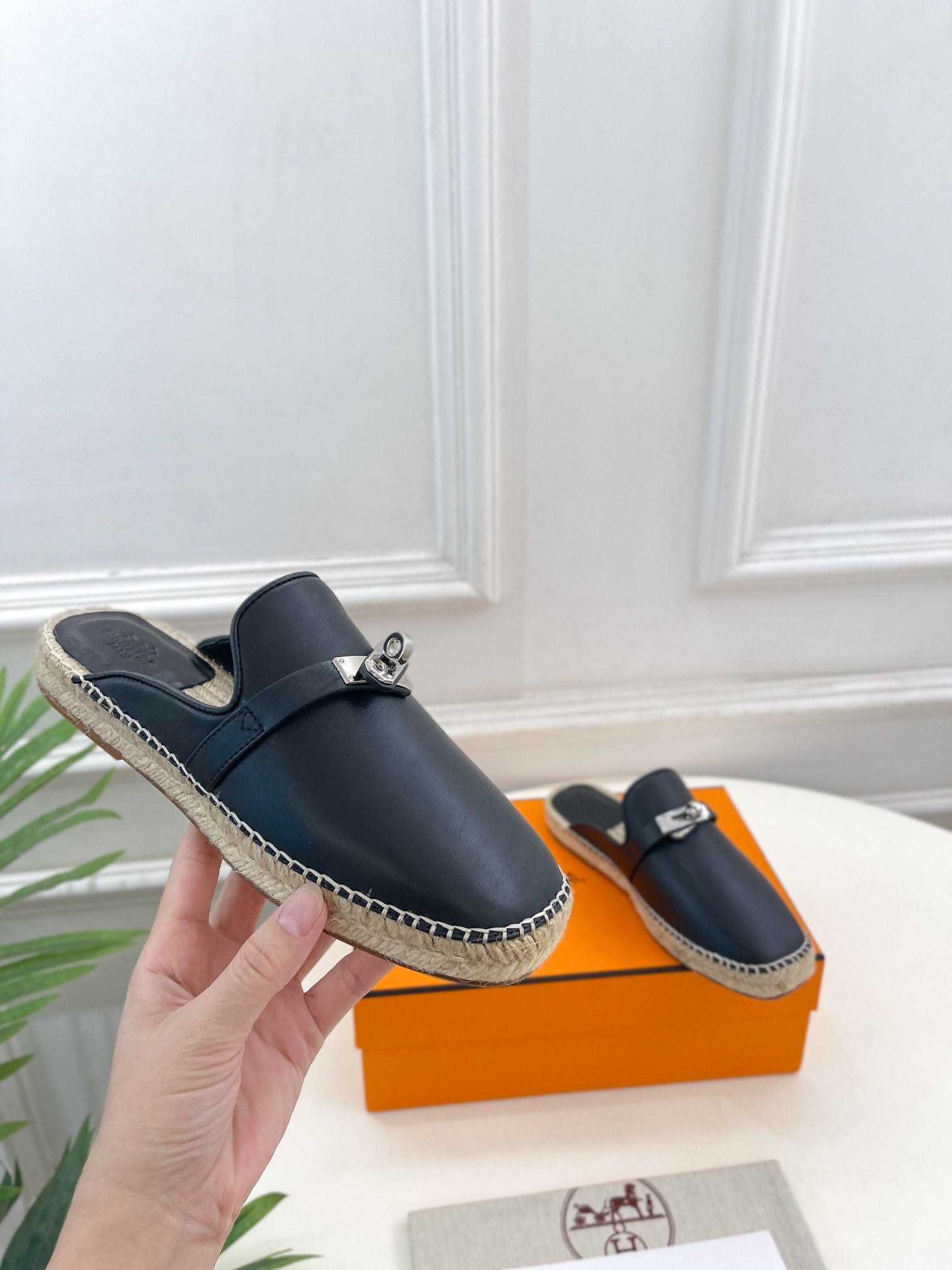 HM Feria Espadrille 20mm Black Calfskin And Handwoven Hemp Rope 967988