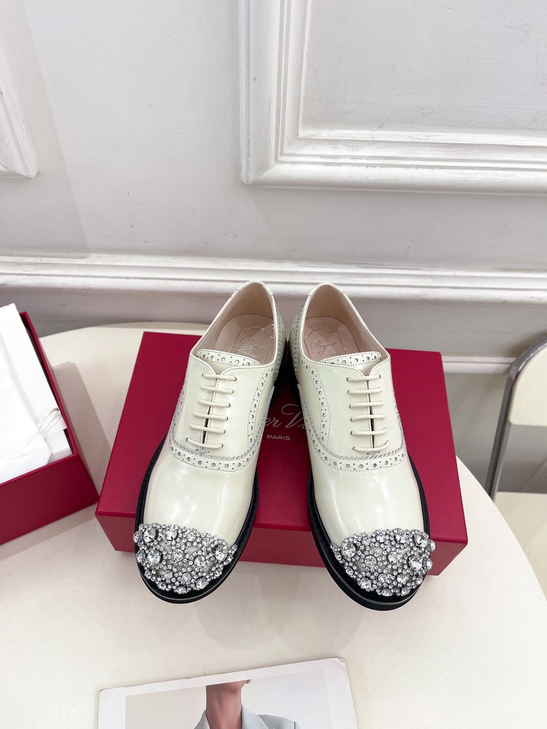 Viv 25 Baroque Rhinestone Derby Loafer Milky White Cowhide Leather 253581