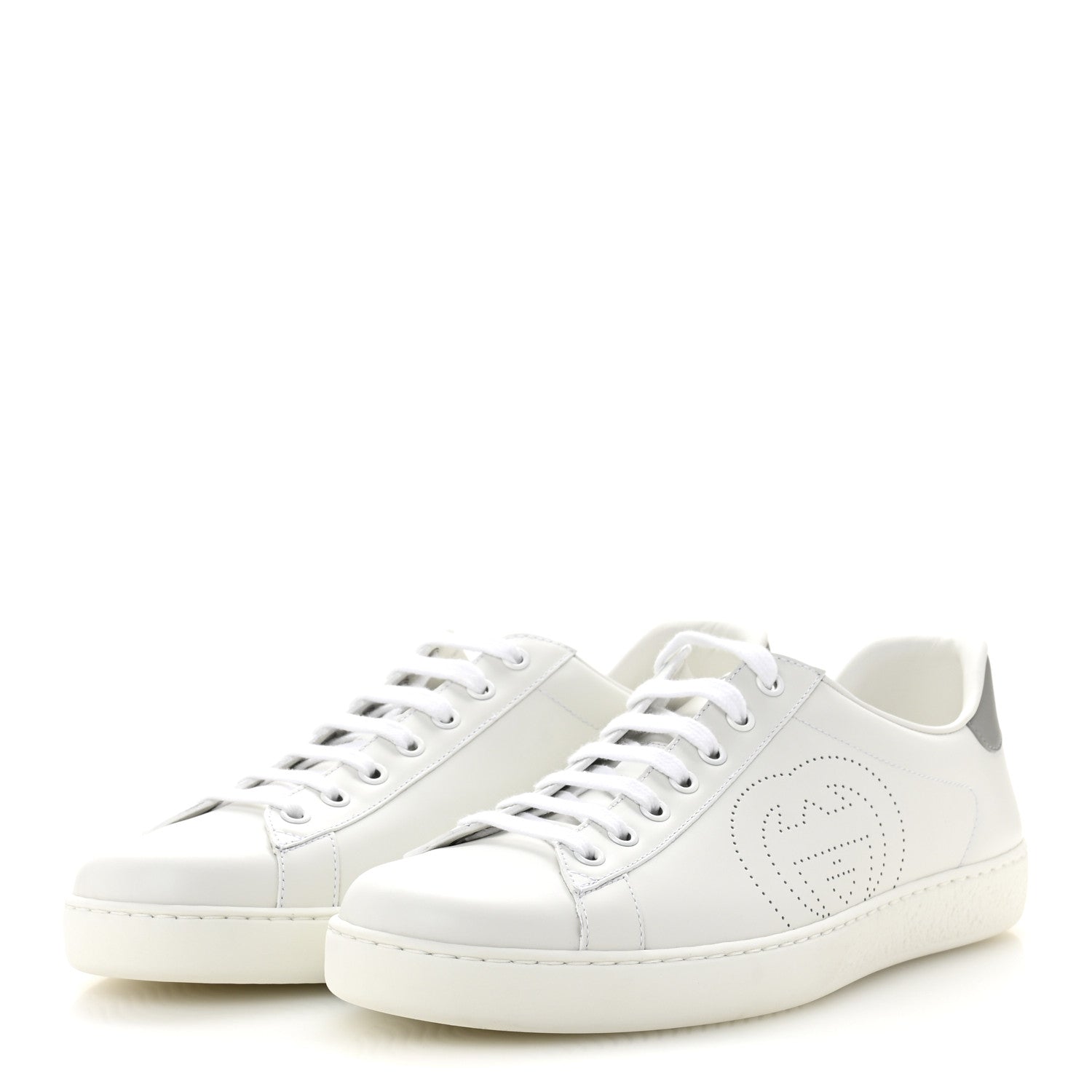 Calfskin Interlocking G Perforated Mens Ace Sneakers 10 White Grey Sky