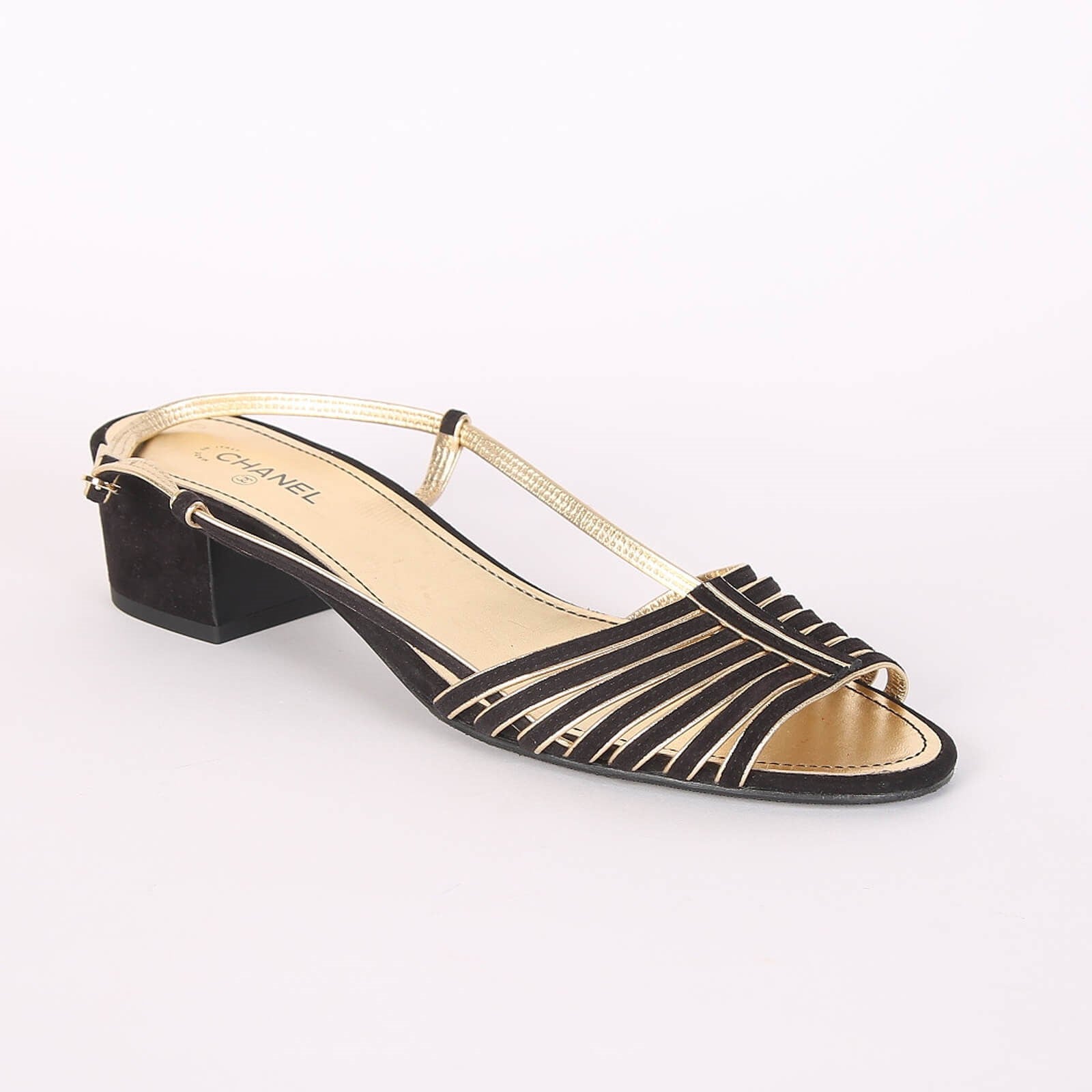 CC  Strappy Low Heel Sandals 35mm Black Gold Metallic Suede