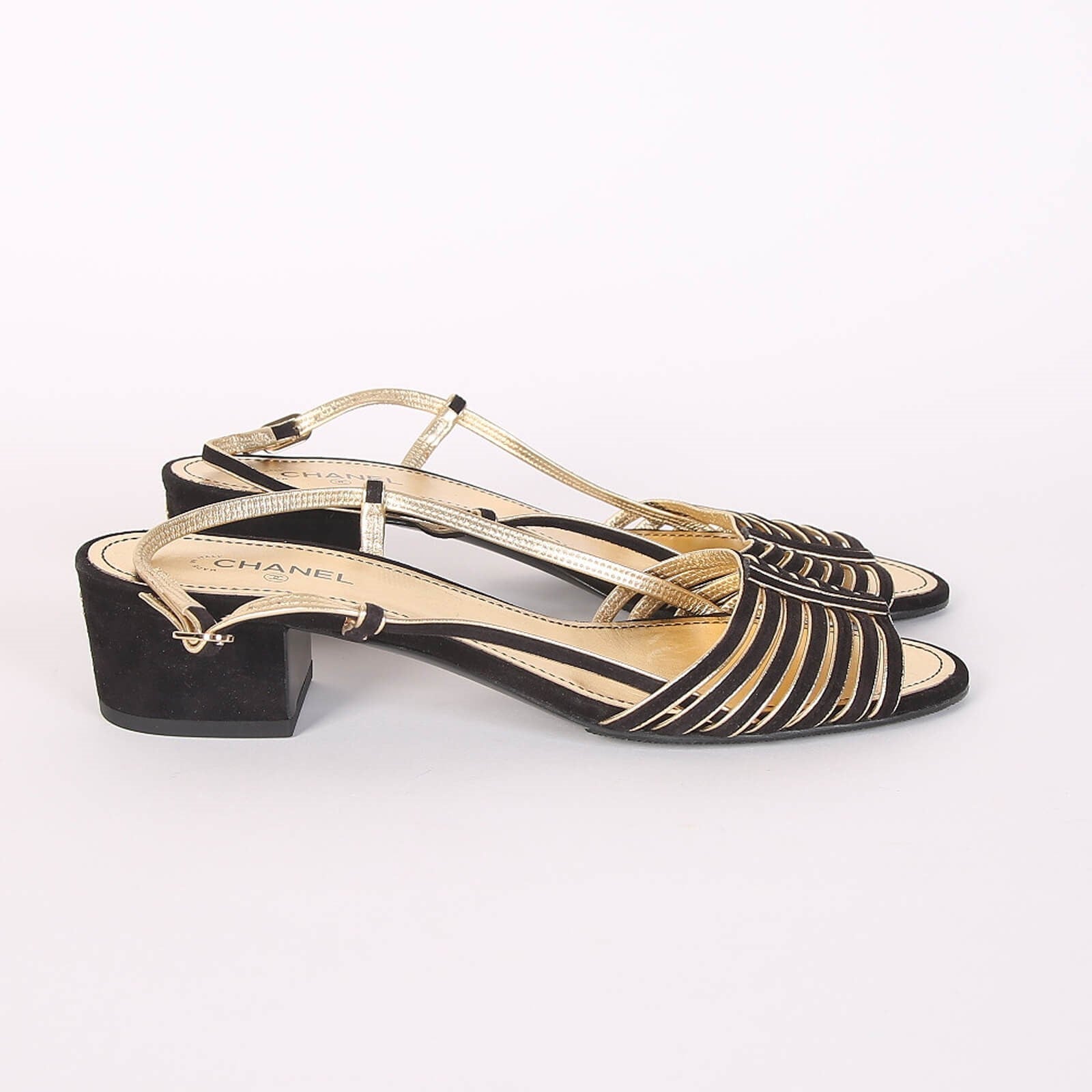 CC  Strappy Low Heel Sandals 35mm Black Gold Metallic Suede